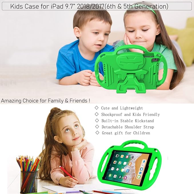 LTROP Kids Case for iPad 5th/6th Generation (2017/2018) & Air 2, Shoulder Strap Handle Stand Shockproof Bumper Cute Kid Case for iPad 9.7 Inch, Green