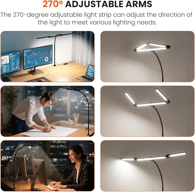 LED Desk Lamp for Office Home, 3 Light Bar Adjustable Desk Light with Clamp, Architect Table Lamp Computer Monitor Lighting, Stepless Dimming Eye-Caring Clip on Light for Workbench Reading Study Black
