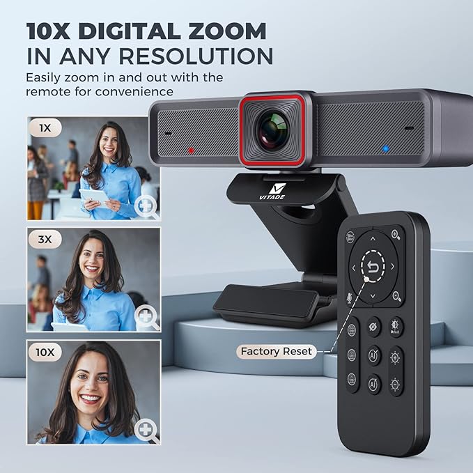 4K Webcam with AI-Powered Framing,Remote Control Web Camera/10X Digital Zoom 4k 30fps Web cam with USB 3.0 HDR/Dual Noise Cancelling Microphones for PC Mac, Streaming, Video Call, Zoom, Skype
