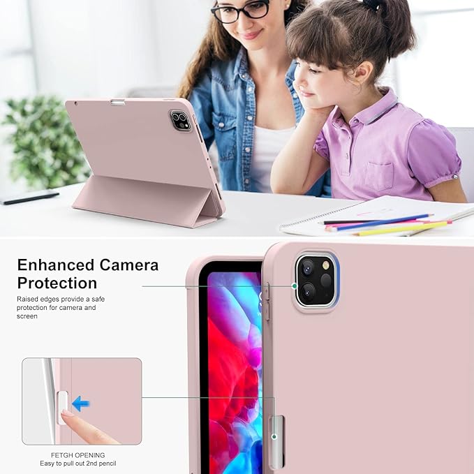 KENKE for iPad Pro 11 Inch Case 4th/3rd/2nd Generation 2022/2021/2020 Magnetic Attachment 2nd Pencil with Right Side Pencil Holder Soft Slim PU Cover Auto Wake/Sleep (Pink)
