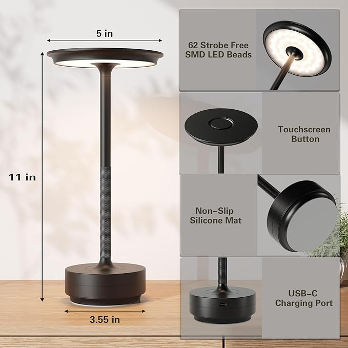 LED Cordless Table Lamp Set of 2,Rechargeable Battery Operated 3 Levels Brightness with Memory Function IP54 Waterproof Portable Lights for Outdoor Patio,Travel,Cafe,Restaurant,(Black)