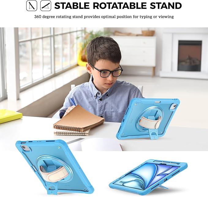 ProCase for iPad Air 11-inch M4 2026/ M3 2025/ M2 2024/ Air 5th / 4th Gen 10.9"/ iPad Pro 11" 4th/3rd/2nd/1st Gen, Heavy Duty Shockproof Cover with Hand Strap 360 Degree Rotatable Kickstand -Blue