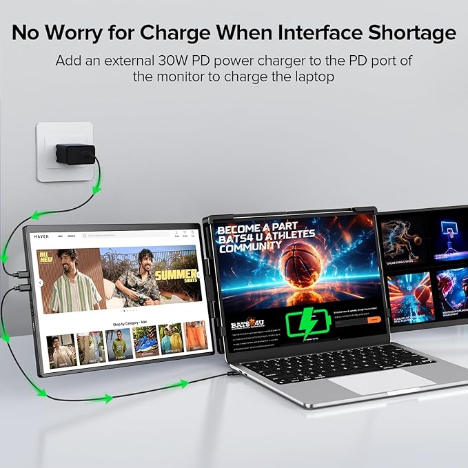 UPERFECT Laptop Screen Extender, 2K 14" 360° Patented Unique Swivel Hinge Triple Monitor, 2240x1400 QHD IPS Portable Dual Monitor for 13.3"-17.3'' Laptops, Plug & Play with Mac, Wins, Android