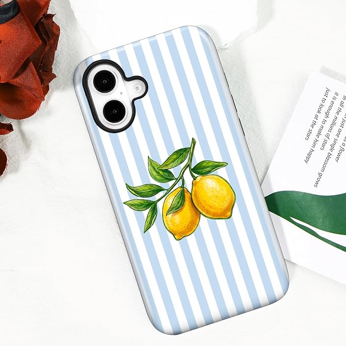 Magnetic for iPhone 17 Case Cute Lemon Stripes Phone Case, Shockproof Slim TPU and Hard PC Protective Phone Cover Compatible with MagSafe Designed for Women Girls, Blue