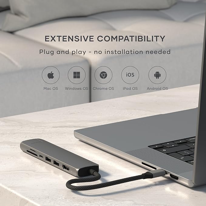Satechi 7 in 1 USB C Hub Multiport Adapter with Ethernet, HDMI 4K@60Hz, 100W PD Charging, 2X USB-A Data Ports, Micro/SD Card Readers for MacBook Air/Pro/Neo, iPad Air/Pro, Windows - Space Gray