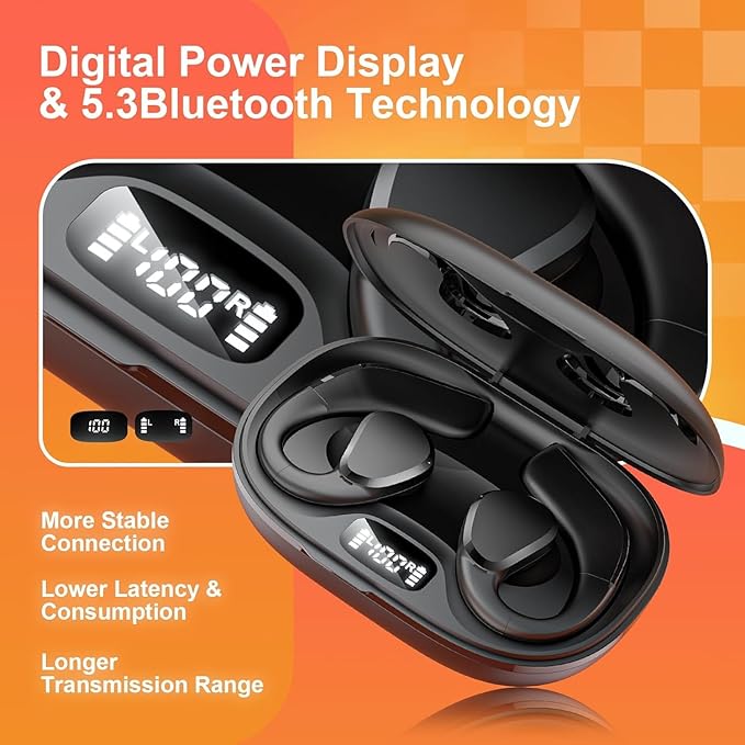 TTQ Open Ear, Open Ear True Wireless Headphones Bluetooth 5.3, Sports with Earhooks & Mic, 60H Playtime, Wireless Charging Case & LED Display, Waterproof for Running, Workout、
