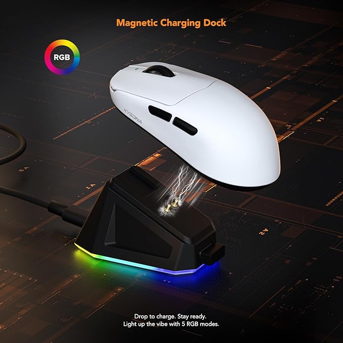 KYSONA Wireless Gaming Mouse with Charging Dock，Lightweight 42g, 24000 DPI, Wired/Bluetooth/2.4G Optical Mice, Long Battery Life, Compatible with PC/Mac - White
