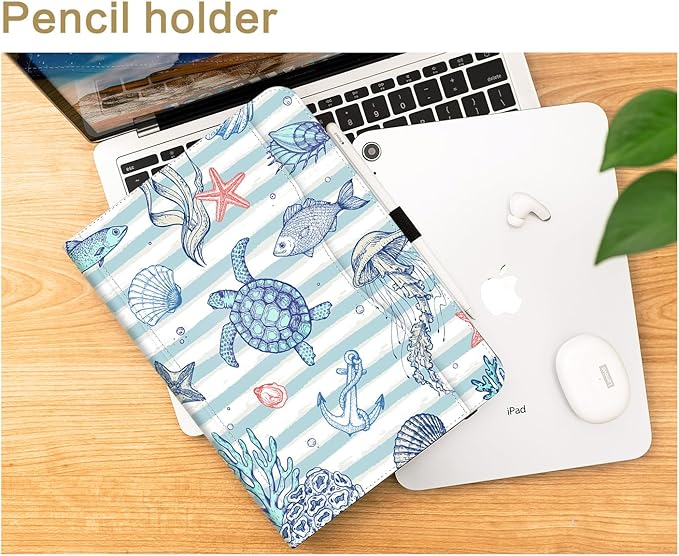 Vimorco Case for iPad (A16) 11th Generation 2025, for iPad 11th/10th Generation Case, Pencil Holder & Hand Strap & Pocket, Multiple Stand Protector PU Leather Cover, Auto Wake/Sleep, Marine Animal