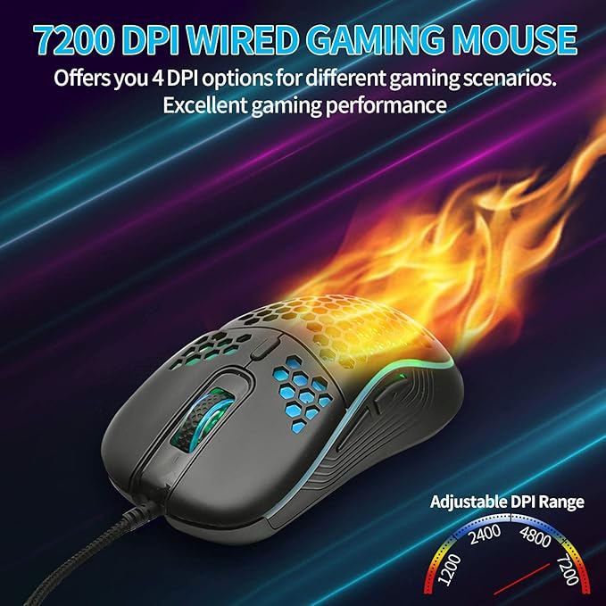 Techsea Honeycomb Wired Gaming Mouse with RGB On/Off Switch, 7200 Adjustable DPI, Ergonomic Lightweight Design & High Precision Sensor for PC/Mac Gamers (Black)