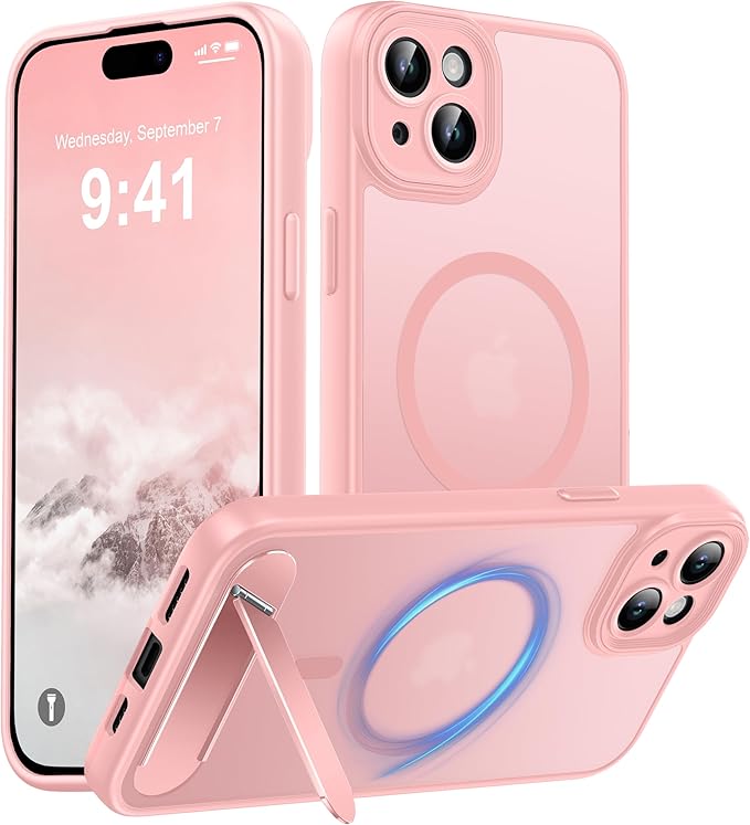 Magnetic Compatible with iPhone 15 Case, [Built-in Invisible Kickstand][Compatible with MagSafe][Full Camera Protection] Translucent Matte Phone Case for iPhone 15 6.1" Pink