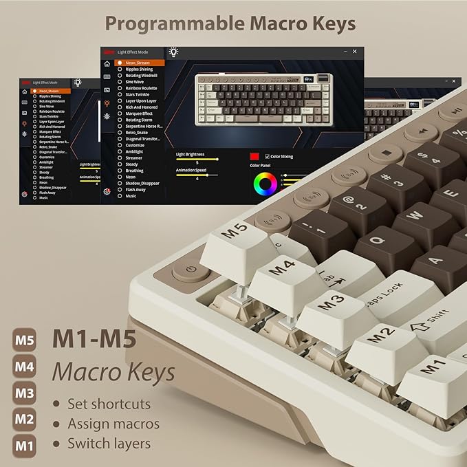 RK ROYAL KLUDGE M70 Wireless Mechanical Keyboard with Macro Keys 2.4GHz/Bluetooth/Wired 75% Gaming Keyboard with 6000mAh Battery Gasket-Mount Display & Knob RGB Hot-Swappable Linear Cream Switch