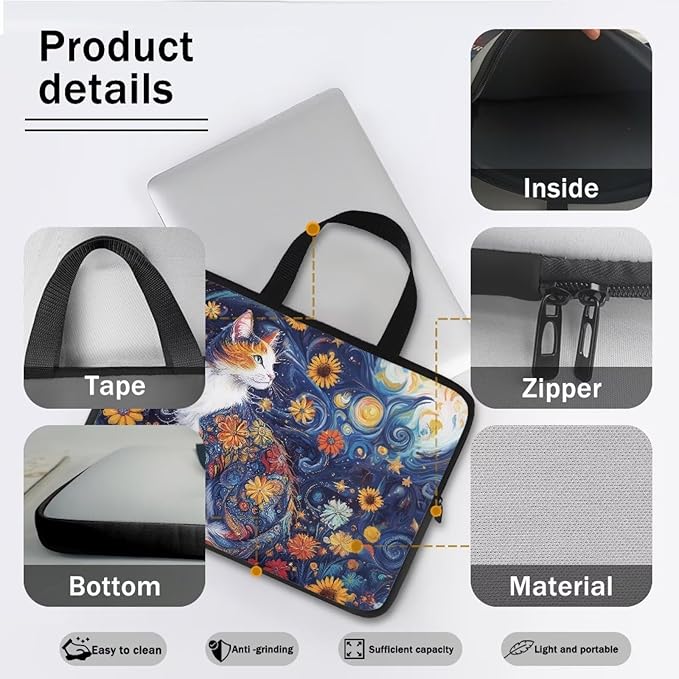 Starry Night Laptop Sleeve 17 Inch Laptop Protective Case Cute Cat Floral Computer Sleeve Neoprene Protective for 10-17 Inch Computer, Notebook, Chromebook, Tablet Bag