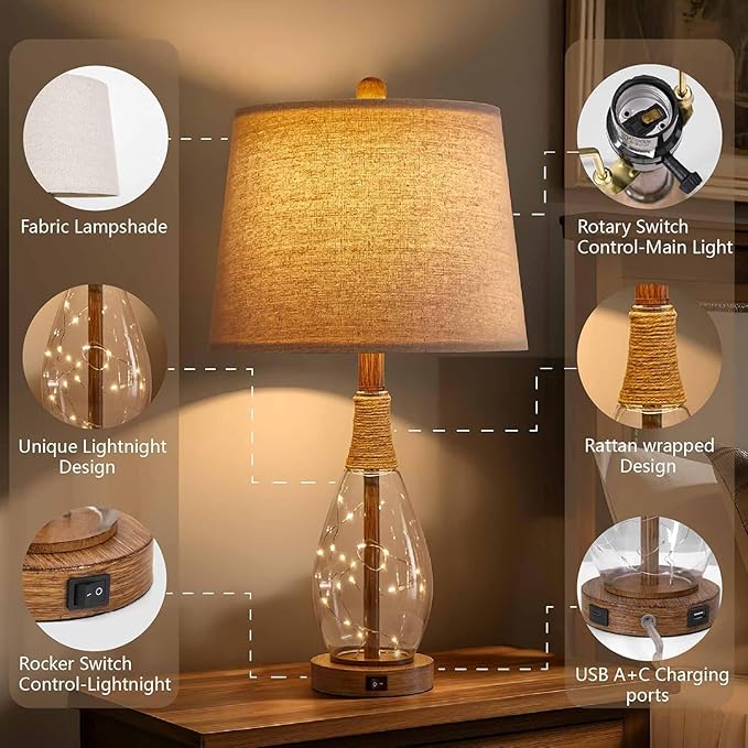 OYEARS Bedside Table Lamps Set of 2 with USB, Farmhouse Bedside Lamps Retro Farmhouse Rattan Glass Nightstand Nightlight Lamps for Bedroom Living Room Dorm,Two Light Points