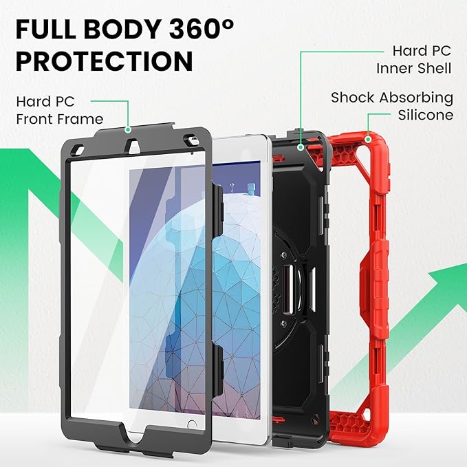 SEYMAC for iPad Air 3/ Pro 10.5 inch Case, Heavy Duty Full-Body Shockproof Protective Case with Screen Protector, 360° Rotating Stand, Hand/Shoulder Strap for iPad Air 3rd Gen, Red