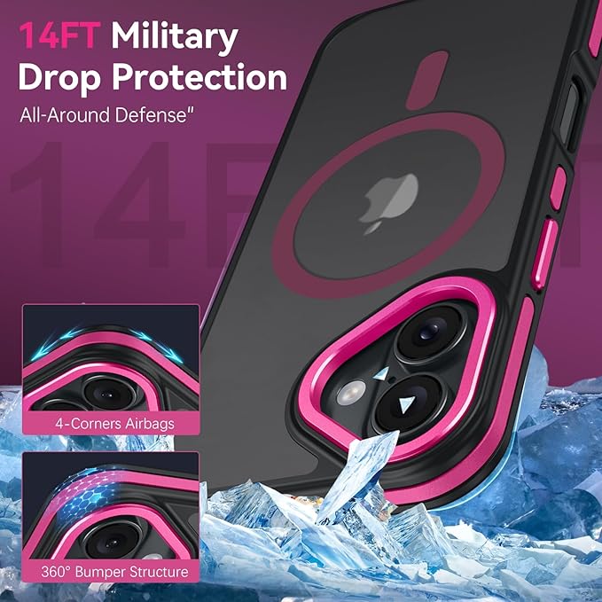 BENTOBEN Magnetic for iPhone 17 Case 2025 [Compatible with Magsafe] [Military-Grade Protection] Matte Women Men Anti-Slip Shockproof Bumper Phone Cases for iPhone 17 6.3", Hot Pink/Black