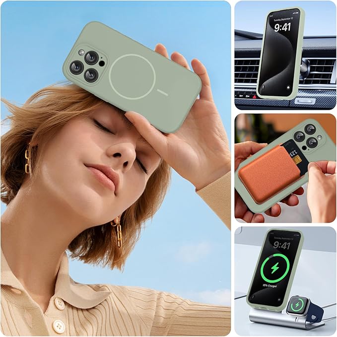 Miracase Magnetic for iPhone 15 Pro Case, [Soft Anti-Scratch Microfiber Lining], Magnetic for MagSafe, Liquid Silicone Shockproof Drop Protection Phone Case for 15 Pro, Patina Green