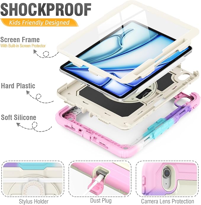 HXCASEAC Shockproof Case for iPad Air 11 inch M4 M3 M2 (2026 2025 2024), Full Body Protective with Pencil Holder, Built-in Screen Protector, Rotating Stand, Hand Strap, for iPad Air 11 Case (Pink)