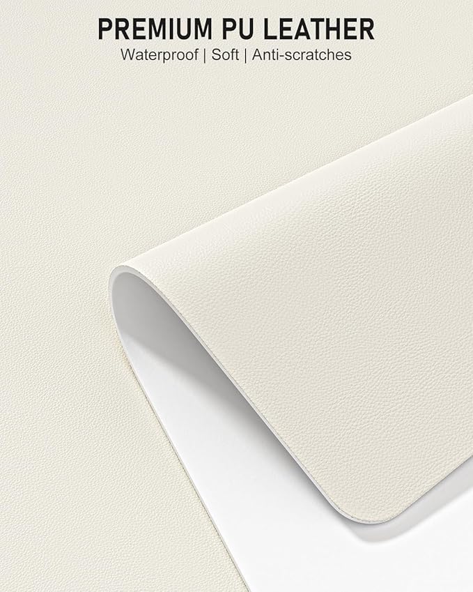 Desk Pad, 48" x 17" PU Leather Non-Slip Desk Mat Large Mouse Pad for Desktop, Waterproof Laptop Computer Writing Mat for Office, Home, Work, Gaming, Ivory White