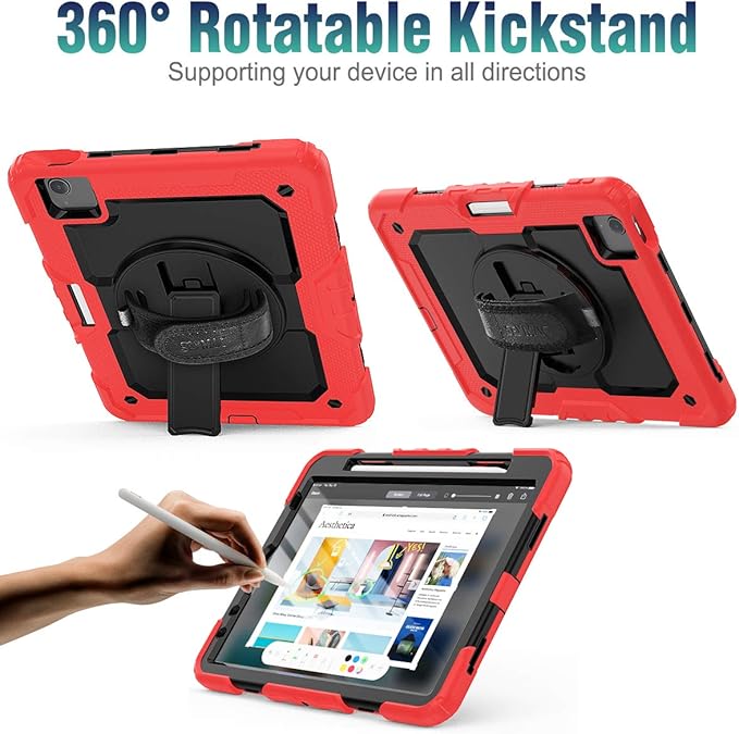 SEYMAC stock Case for iPad Air 5th/4th Generation/Pro 11 (4th/3rd/2nd) with Screen Protector Pen Holder, 360° Rotate Hand Strap/Stand Case for iPad Air 5th/4th Gen 10.9''/ Pro 11'' (Black+Red)