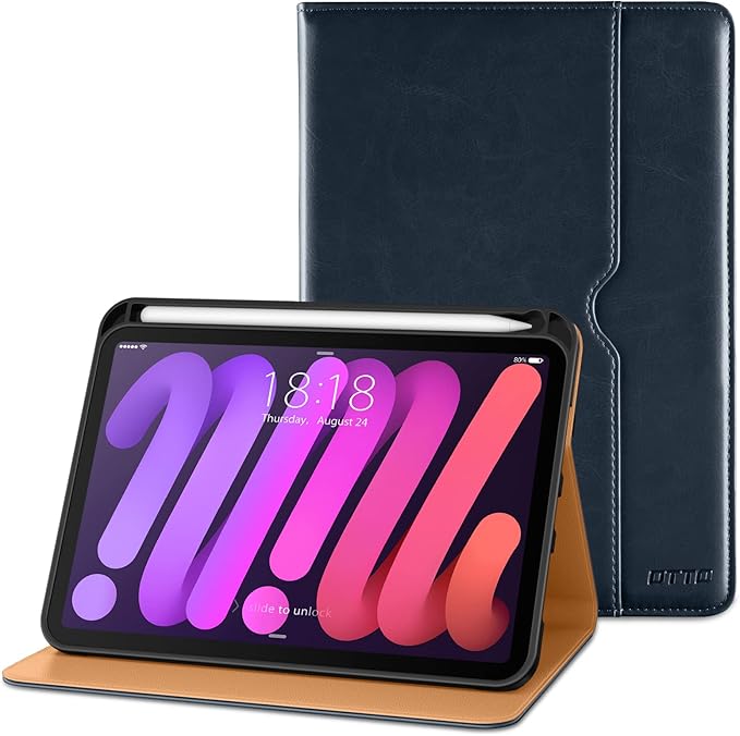 DTTO for iPad mini 7th (A17 Pro) 2024/iPad Mini 6th Generation Case 2021 8.3 Inch, Premium Leather Business Folio Stand Cover for Mini 7/6 with Pencil Holder-Multiple Viewing Angles, Blue