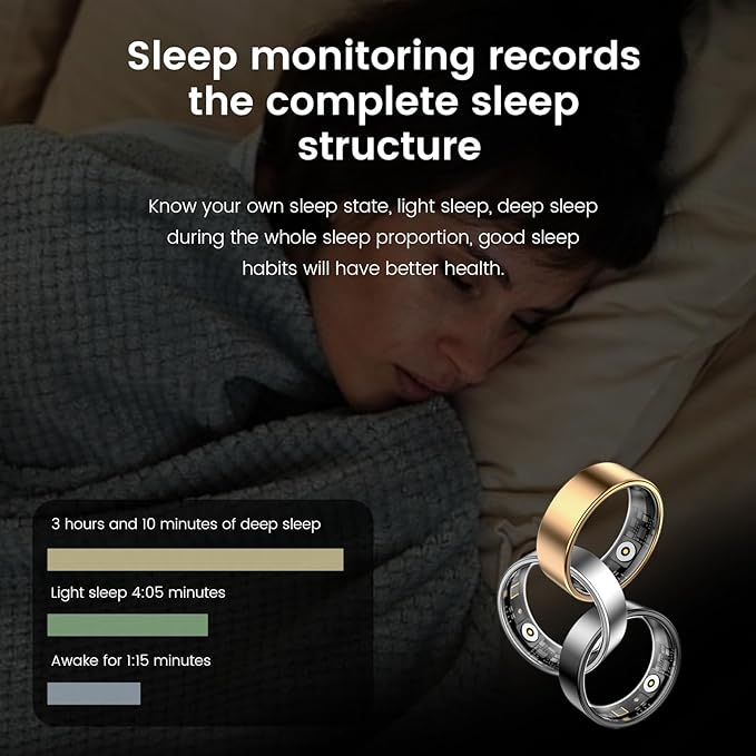 Smart Health Ring for Women Men Fitness Tracker with Heart Rate, Blood Oxygen,Sleep Monitoring, Step Counting, IP68 Waterproof for iPhone and Android, No Subscription (Bright Silver, 6)
