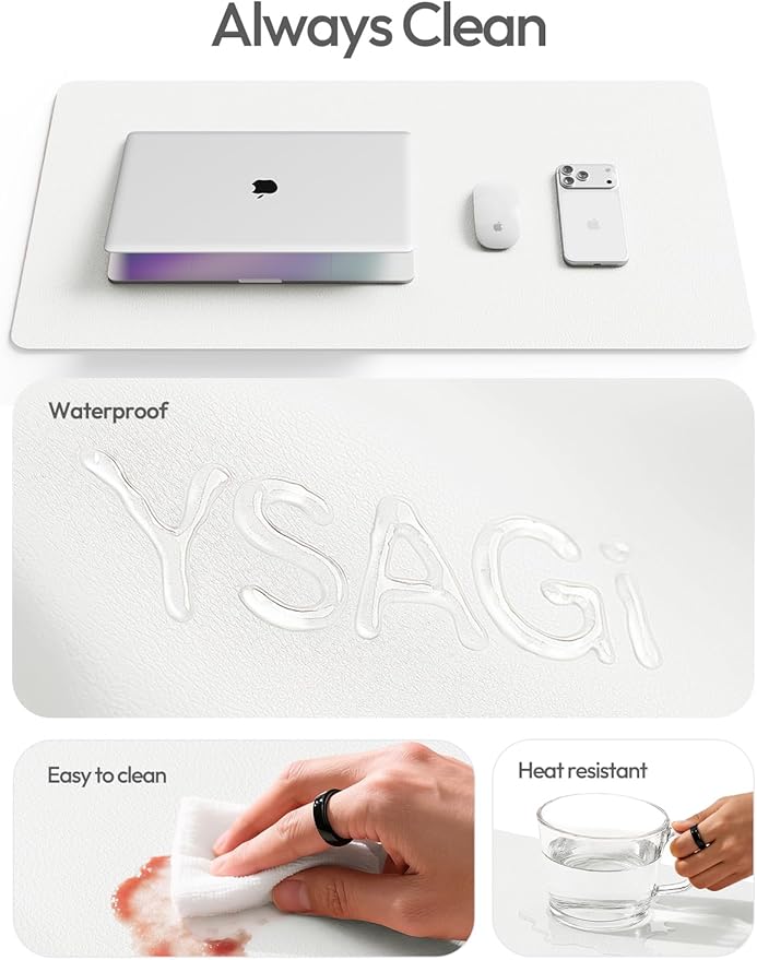 YSAGi Leather Desk Protector, Office Mat, Large Mouse Mat, Non-Slip PU Leather Blotter, Laptop Desk, Waterproof Writing Pad for Office and Home (White, 31.5" x 15.8")