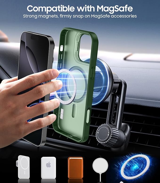 TOBOVON for iPhone 16 Pro Max Case, Compatible with MagSafe, Built-in Camera Ring Stand, with Individual Camera Cover, Translucent Matte Military-Grade Drop Protection Magnetic Case, Green