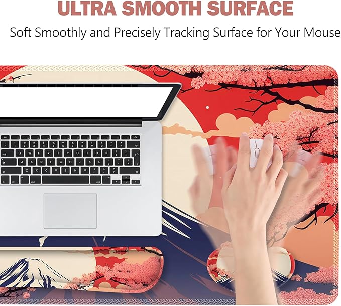 ToLuLu Large Mouse Pad Desk Pad Set, Wrist Rest Support Desk Mat for Keyboard Mouse, 4PCS 35.4”x15.7 XXL Giant Mouse Pad, Non-Slip Base Mousepad Office Desk Decor, Japanese Moon Red Cherry Blossom