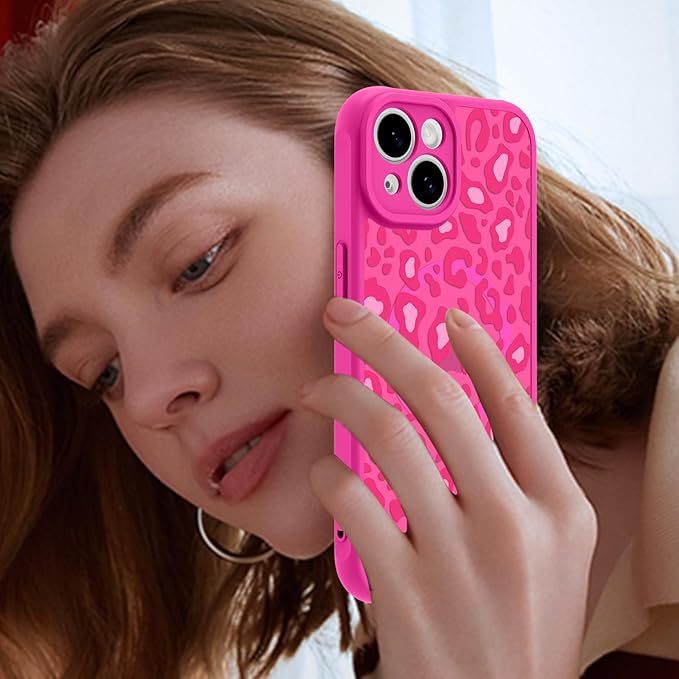 KANGHAR Case for iPhone 15 Plus Hot Pink Leopard Printed Pattern Cute Cheetah [Compatible with Magsafe] Protective Magnetic Case for Girls Women 6.7"