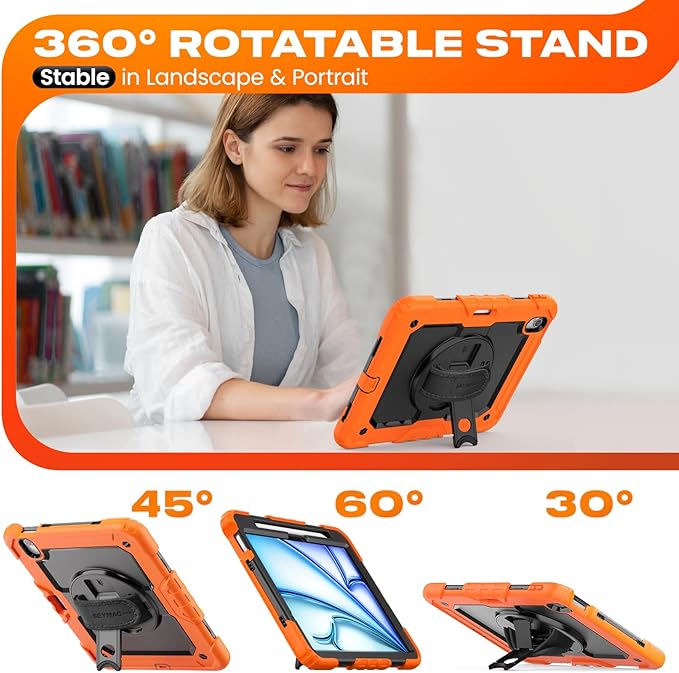 SEYMAC stock Case for iPad Air 11-inch M4-M2 2026-2024 (Gen 8-6), Shockproof Heavy Duty Case with Screen Protector, Pencil Holder, Rotating Stand, Hand Strap, Shoulder Strap, Orange