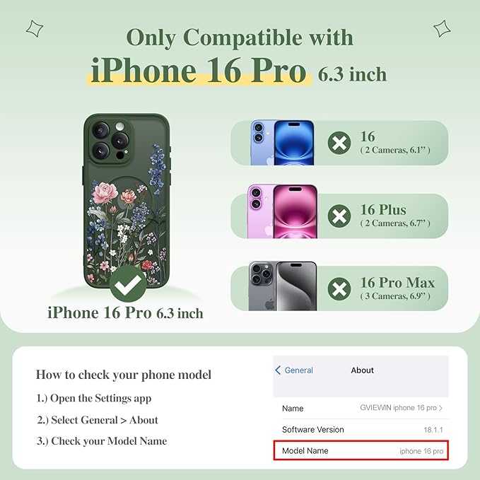 GVIEWIN for iPhone 16 Pro Case Compatible with MagSafe, [Military Grade Protection] [Screen Protector] Full Camera Protection Floral Translucent Women Magnetic Phone Case, Lush Garden/Forest Green