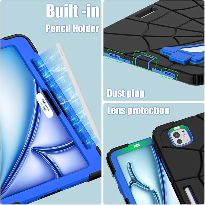 AKABEILA Compatible with Apple iPad Pro 11(2024) 11 inch Tablet Case，Lightweight Shockproof Rugged Protective Cover with Kickstand for Kids Children Boys Babies Black Blue