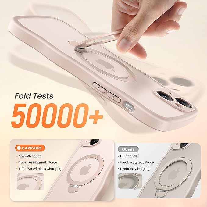 CAPRARO for iPhone 15 Case with 360° Spin Magnetic Stand for Women, [Compatible with MagSafe] [Full Camera Protection] Cute Wave Translucent Matte Case for iPhone 15, Rose Gold