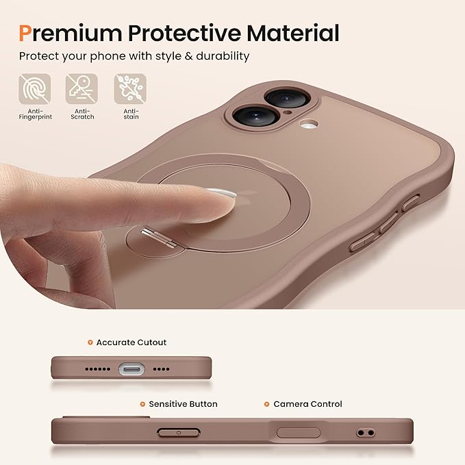CAPRARO for iPhone 16 Case with 360° Spin Magnetic Stand for Women, [Compatible with MagSafe] [Full Camera Protection] Cute Wave Translucent Matte Case for iPhone 16, Brown