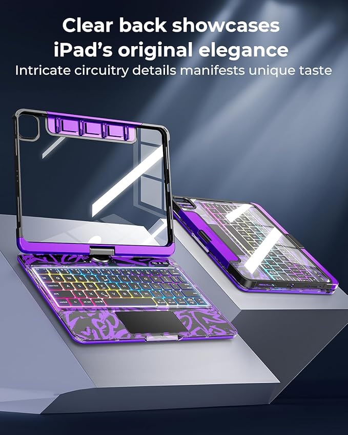 SIBEITU Keyboard Case for iPad A16 11th Gen 11" 2025 & 10th Gen 10.9" 2022, Clear Wireless Keyboard Protective Cover with Multi-Touch Trackpad, 7-Color Backlight & 3-Brightness, 360 Rotatable, Purple