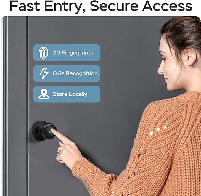 GeekTale Fingerprint Door Lock for Bedrooms, Fingerprint Door Knob with Lock, Smart Door Lock, App Control, Back-up Keys, Thumbprint Door Knob for Bedrooms, Office, Apartment