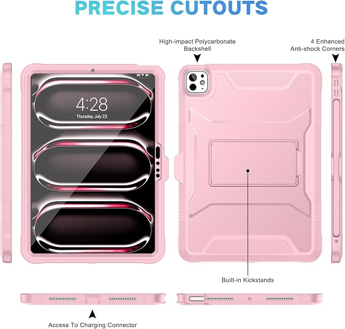 Soke Case for iPad Pro 11 Inch (M5) 2025/ (M4) 2024, with Built-in Screen Protector & Kickstand, Rugged Full Body Heavy Duty Protective Cover with Pencil Holder - Pink
