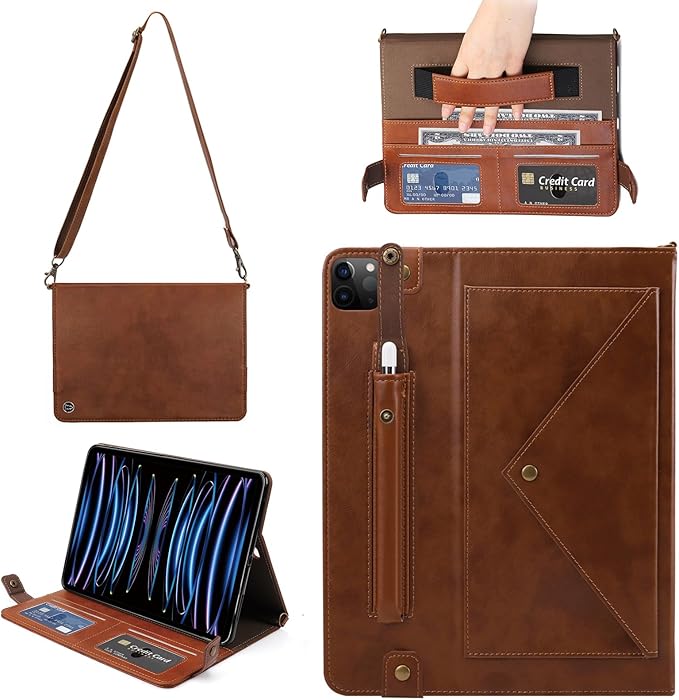 Handbag Case for iPad Pro 11" 2018-2022 / Air 11" 2025 2024 10.9" - Techcircle Folio Stand iPad Crossbody Wallet Case with Pencil Holder, Hand Strap+Shoulder Strap Protective Cover, Coffee