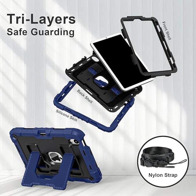 Kids Friendly Case for Apple iPad mini 7 A17 Pro 2024/iPad Mini 6 2021 8.3 Inch 7th/6th Gen Case with Pencil Holder & Shoulder Strap, Shockproof Kickstand Hard Shell Protective Cover,Blue+Black