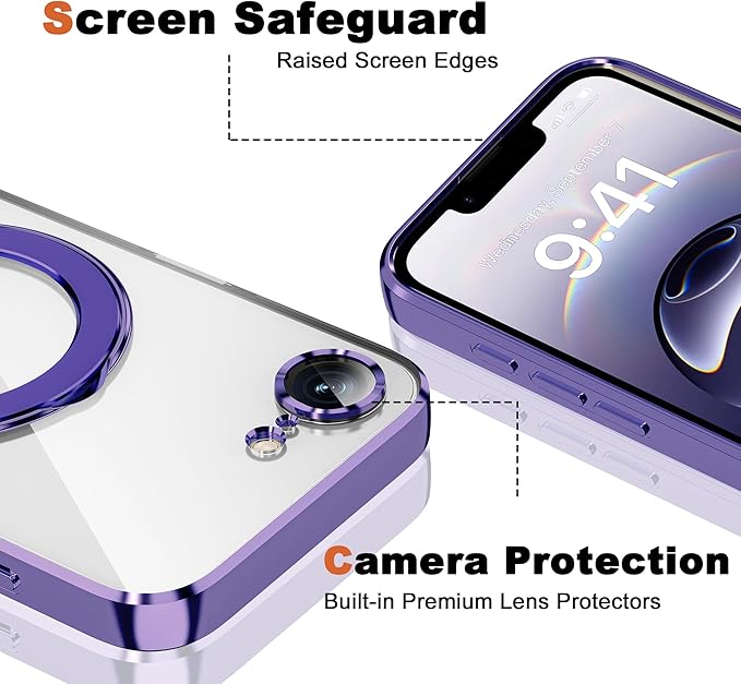 Compatible with iPhone 17E/16E Case with Invisible Magnetic Ring Stand [Compatible with Mag-Safe] [Full Camera Lens Protector] Plating Clear Phone Case for iPhone 17E/16E 6.1", Purple