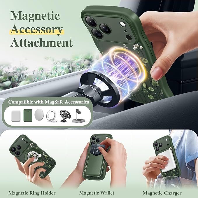 GVIEWIN for iPhone 17 Pro Max Case Compatible with MagSafe [Curly Wave Edge][Full Camera Protection] Floral Translucent Shockproof Magnetic Women Phone Case for 17 Pro Max, Floratopia/Forest Green