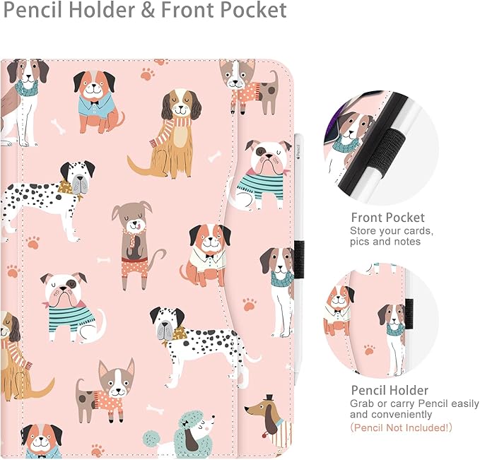 for iPad (A16) 11Th/10Th Generation Case 2025/2022, Cute Dog for iPad Case 11Th/10Th Generation, iPad 10Th/11Th Gen Cases Cover Pencil Holder/Hand Strap/Pocket/Adjustable Stand, Pink Dogs