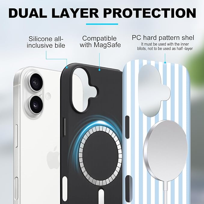 Magnetic for iPhone 16 Case Cute Stripes Phone Case, Shockproof Slim TPU and Hard PC Protective Phone Cover Compatible with MagSafe Designed for Women Girls, Blue and White