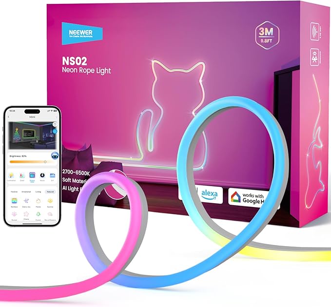 NEEWER 9.84ft/3m LED Strip Lights, Smart AI RGB Flexible Cuttable Neon Rope Light with App Control for Bedroom Gaming Room Indoor Studio Home Wall Decor, Compatible with Google Assistant Alexa, NS02