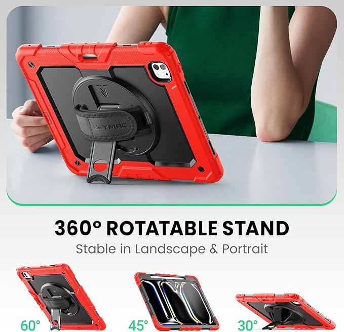 SEYMAC Case for iPad Pro 13 Inch M5 2025 / M4 2024, Heavy Duty Shockproof Protective Case with Screen Protector, 360° Rotating Stand, Hand/Shoulder Strap and Pen Holder, Red