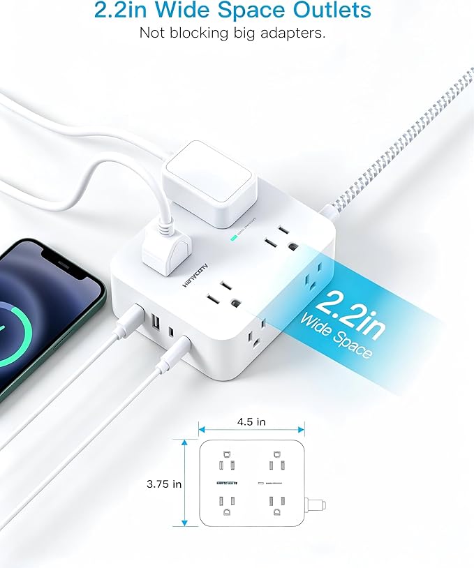 HANYCONY 5 Ft Braided Extension Cord with Ultra-Thin Flat Plug, 8 Widely Spaced Outlets and 4 USB Ports (2 USB C), 1080J Surge Protector Power Strip, Small Desktop Charging Station for Dorm Room