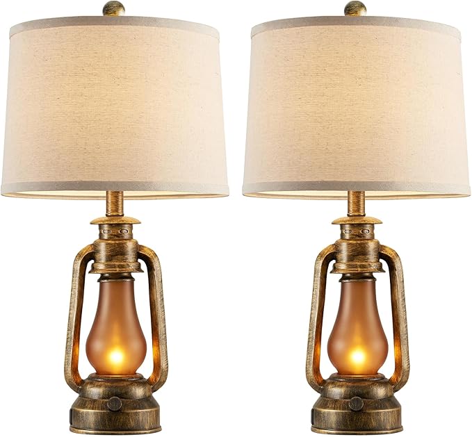 25" Set of 2 Rustic Lantern Table Lamps for Living Room Bedroom, 2 USB Ports Farmhouse Vintage Bedside Desk Lamp Nightlight for Entryway Office End Table, 4 Bulbs Included