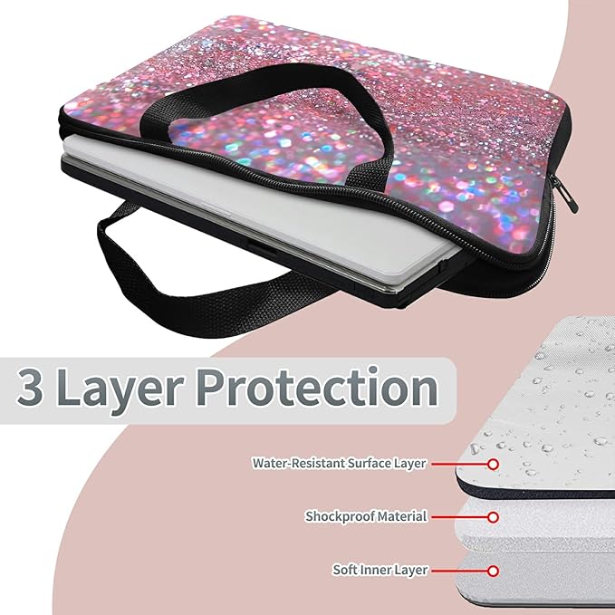 Universal Tablet Laptop Sleeve Case 10 inch, Pink Glitter Slim Carrying Case Travel Laptop Bag Durable Handbag for 7 to 10-inch Laptops/Notebook/Kids Tablet/ipad/eBook Readers