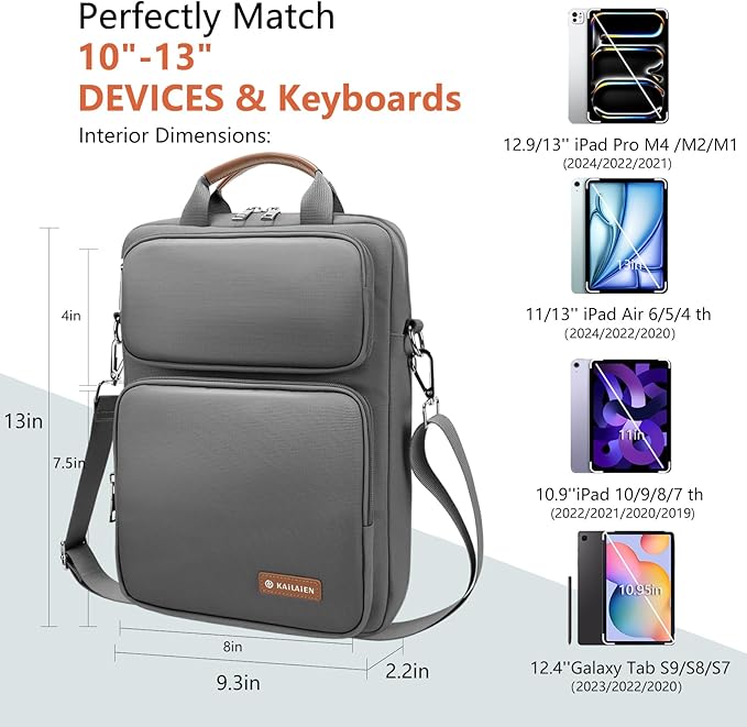 10-13 Inch Tablet Sleeve Bag, Ipad Bag for 13 In/11 in New iPad Pro M4 & 13 in Air M2 2024,iPad Pro 12.9 M2&M1,Ipad 10.9,Galaxy Tab S8+/S9+ 12.4,with Removable Shoulder Strap(Gray)