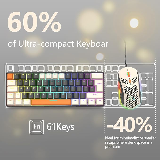 RK-T60 Wired 60% TKL Mechanical Gaming Keyboard Led Rainbow Backlight Ultra-Compact NKRO Linear Red Switch ABS Keycap RGB Honeycomb Mice Coiled Aviator Cable for Windows Laptop PS4/PC/WIN Gamer